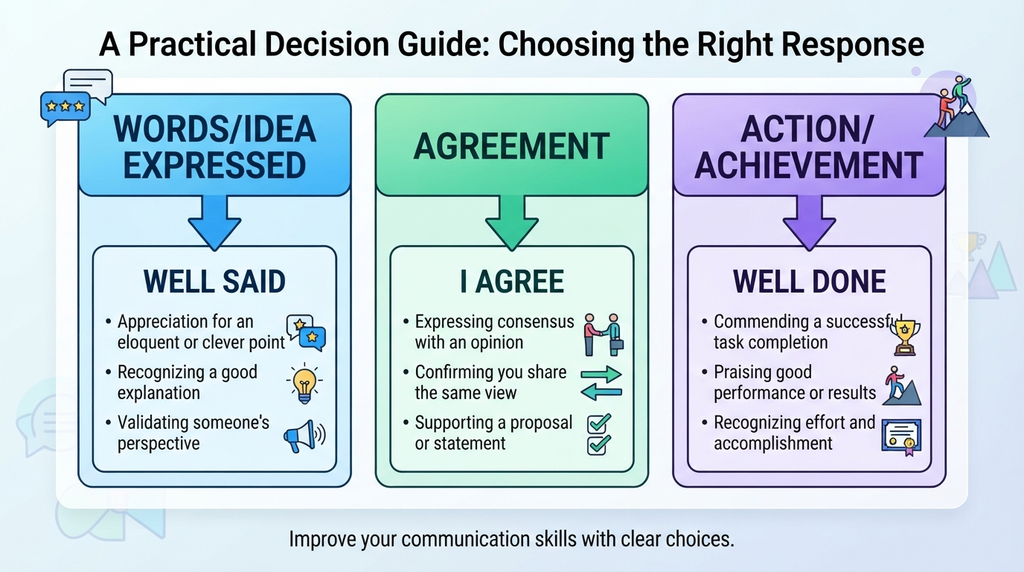 Decision guide for choosing between well said, I agree, and well done