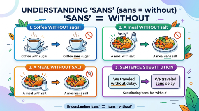 Comparison graphic explaining that sans means without using everyday examples.