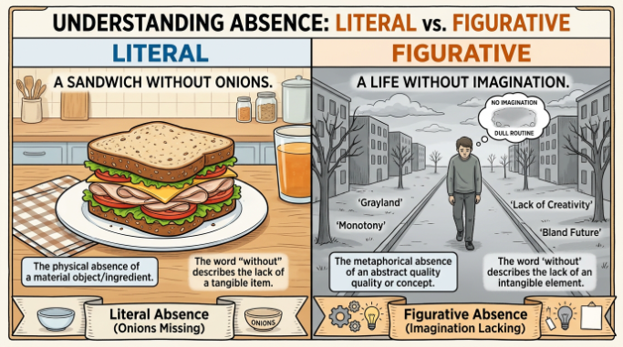 Illustration comparing literal and figurative uses of sans.