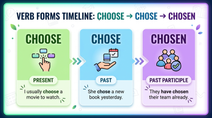 Timeline showing choose as the present form, chose as the past tense, and chosen as the past participle.