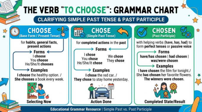 Grammar chart comparing the verb forms choose, chose, and chosen with example sentences.