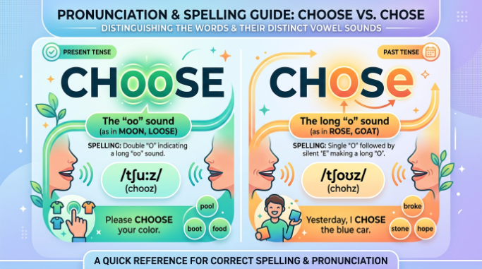 Pronunciation guide comparing the spelling and vowel sounds of choose and chose.