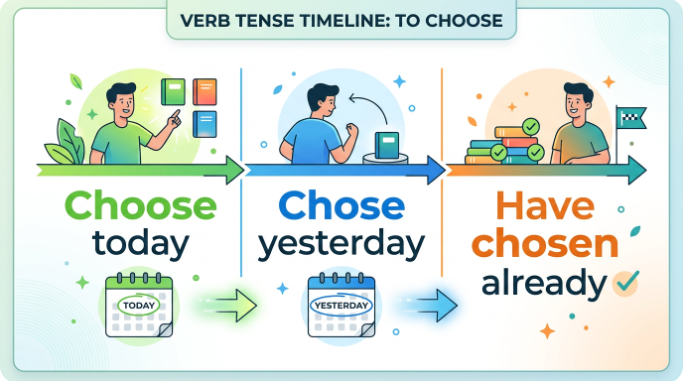 Memory timeline showing choose for today, chose for yesterday, and chosen with have or has.