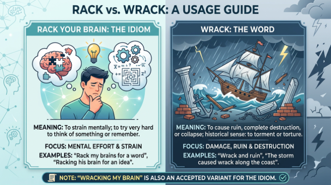 Comparison graphic explaining when to use “rack your brain” and how “wrack” differs in meaning.