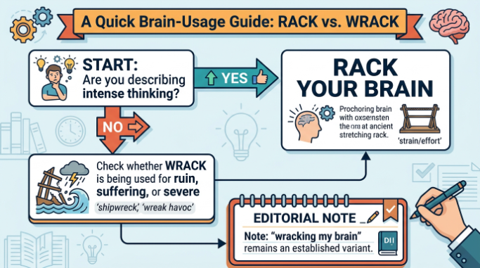 Decision tree for choosing between “racking my brain” and related uses of “wrack.”