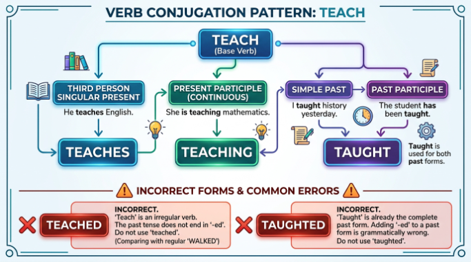 Verb form diagram showing teach, teaches, teaching, and taught.