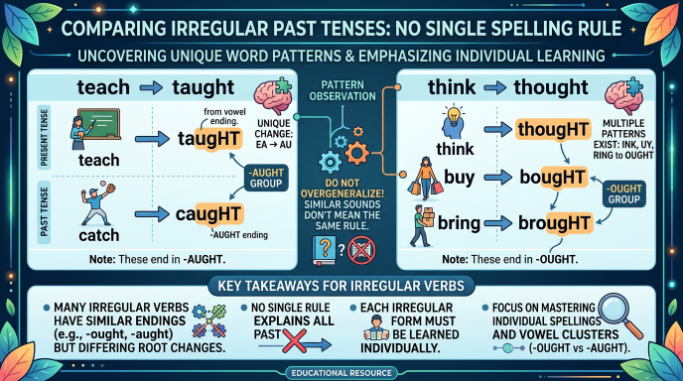 Examples of English irregular verbs including teach to taught and think to thought.