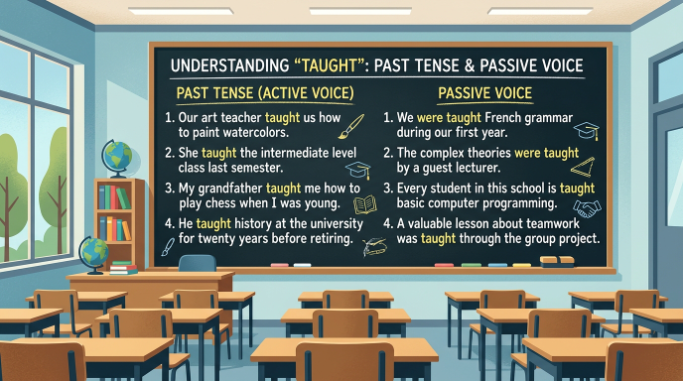 Educational board showing examples of taught used in past tense and passive sentences.