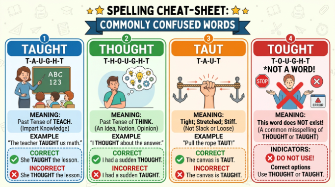 Spelling cheat sheet comparing taught, thought, taut, and the incorrect form tought.