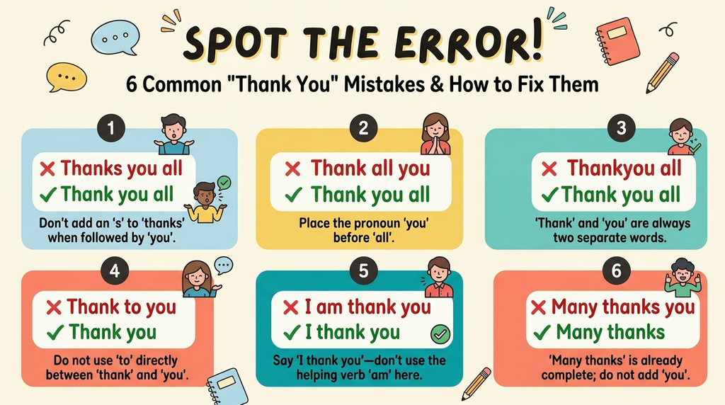 Common “thank you all” errors with corrected English forms.
