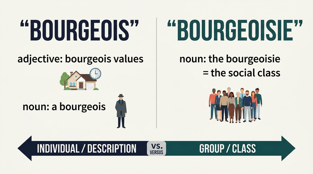 Comparison of bourgeois and bourgeoisie showing individual or descriptive use versus the social class as a group.