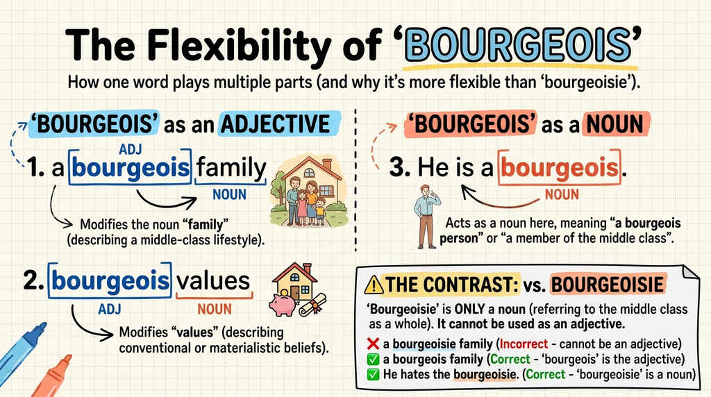 Examples showing bourgeois used as an adjective and as a noun in English sentences.