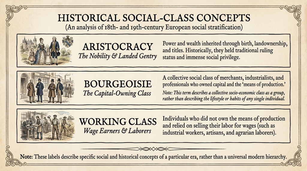 Educational diagram comparing aristocracy, bourgeoisie, and working class as historical social categories.