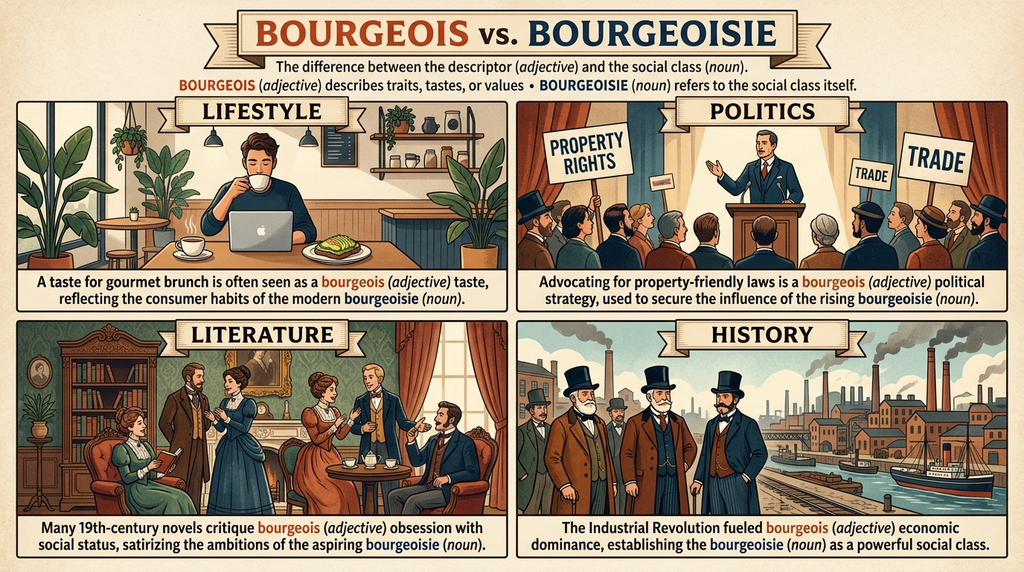 Four contextual examples showing different uses of bourgeois and bourgeoisie in English.
