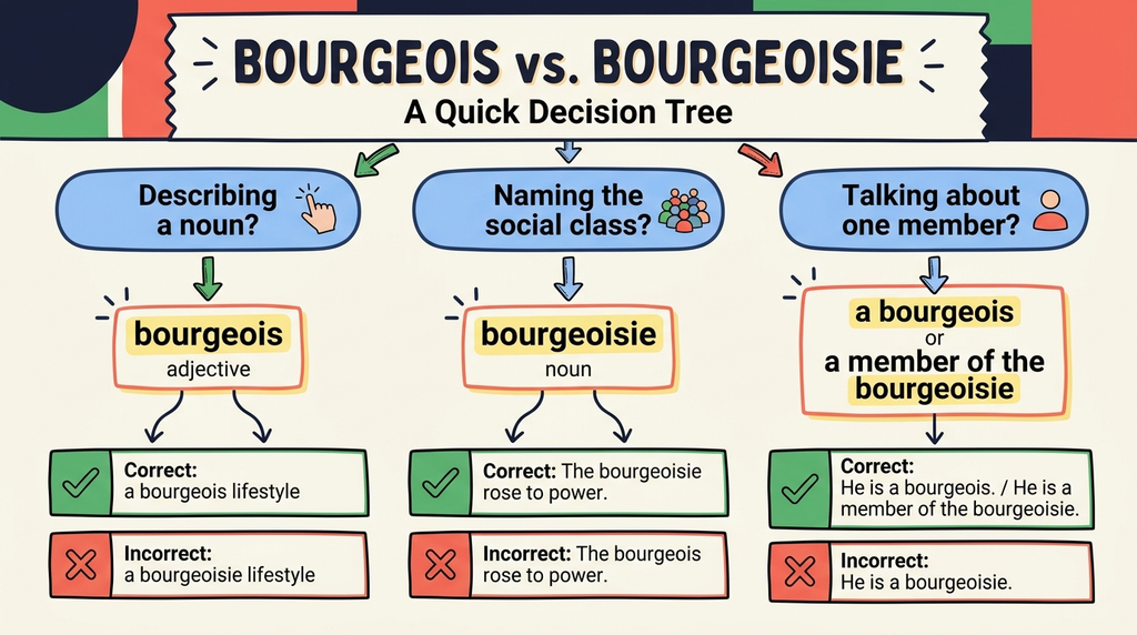Decision tree for choosing bourgeois or bourgeoisie based on grammatical function and meaning.