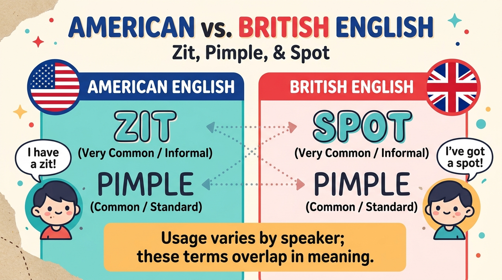 American and British English comparison showing common informal words for a skin blemish.