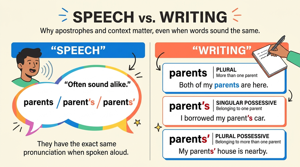 Infographic comparing the similar pronunciation of parents, parent’s, and parents’ with their different written meanings.