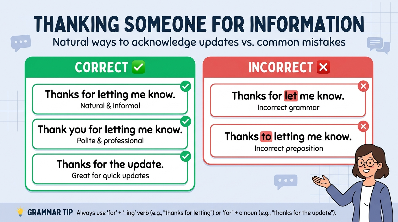 Comparison of correct and incorrect ways to thank someone for sharing information.