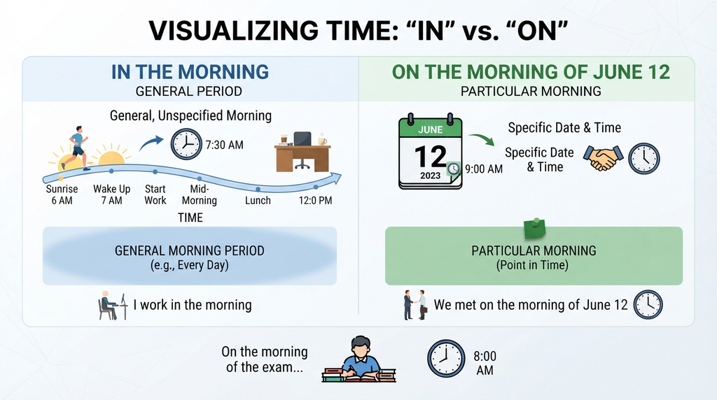 Visual comparison of “in the morning” for general time and “on the morning of” for a specific date or event