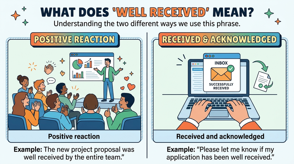 Two-column diagram showing positive audience reactions and successful email receipt as different uses of well received.