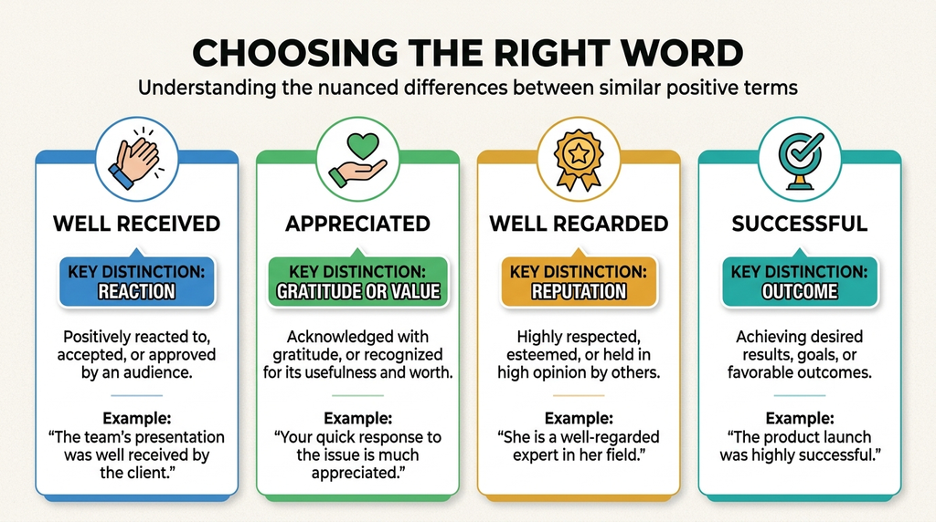 Comparison chart explaining the differences between well received, appreciated, well regarded, and successful.