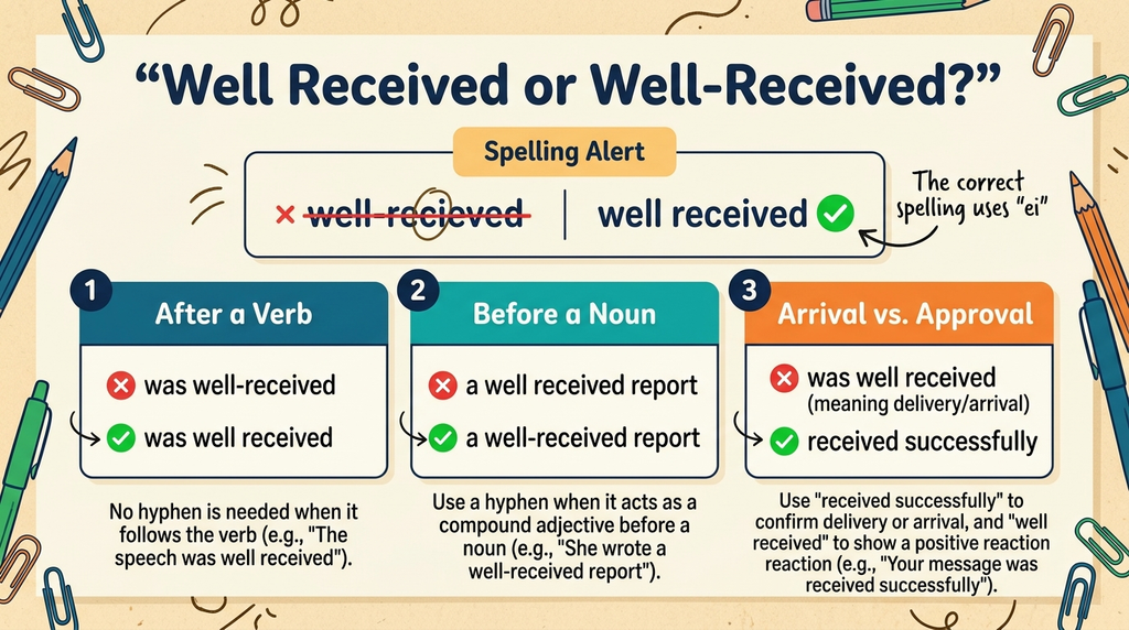 Proofreading guide showing correct spelling, hyphenation, and alternatives for well received.