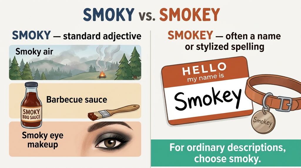 Comparison of smoky as the standard descriptive adjective and Smokey as a spelling often used in names.