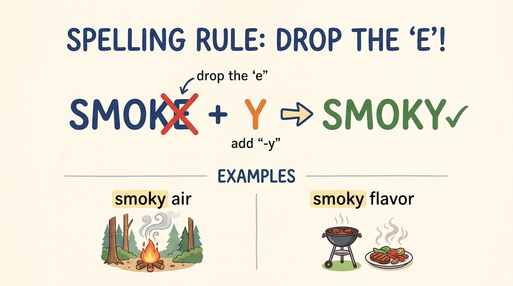Word-formation diagram showing smoke changing to smoky by dropping the final e before adding y.