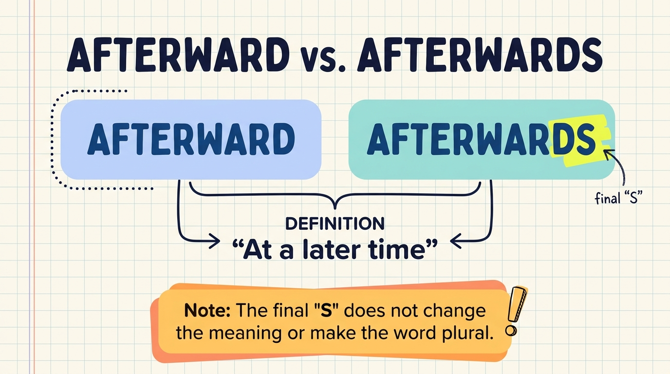 Annotated spelling comparison showing that afterward and afterwards have the same meaning despite the final s in afterwards.