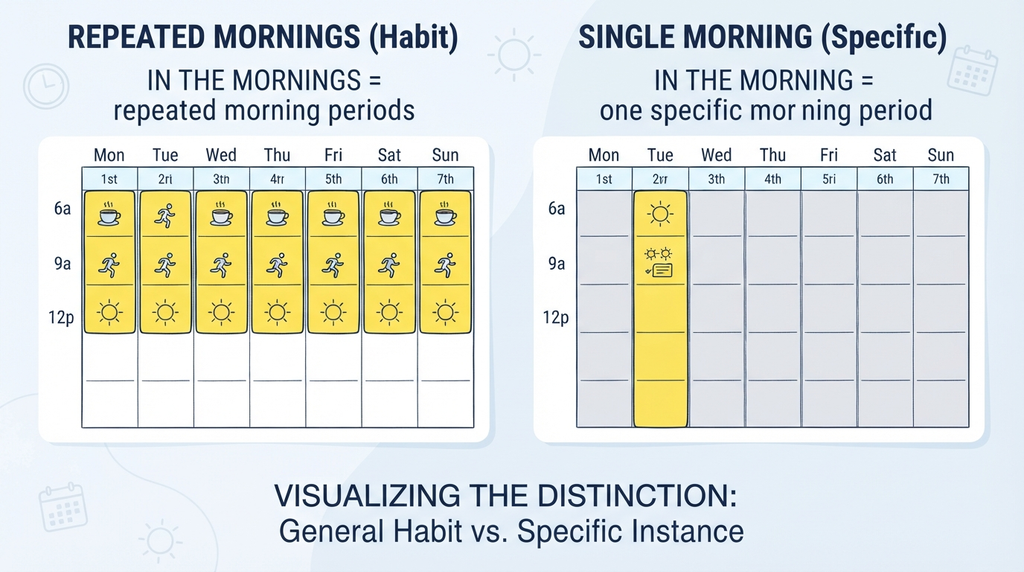Weekly calendar illustrating the repeated morning periods expressed by “in the mornings”