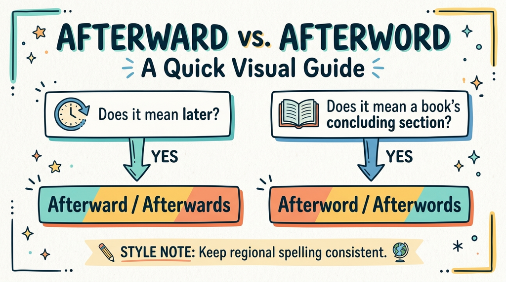 Proofreading flowchart for choosing between afterward, afterwards, afterword, and afterwords.