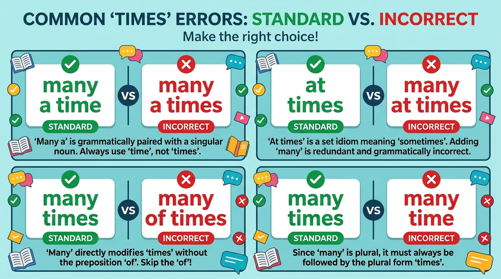 English grammar correction chart comparing correct time expressions with common mistakes.