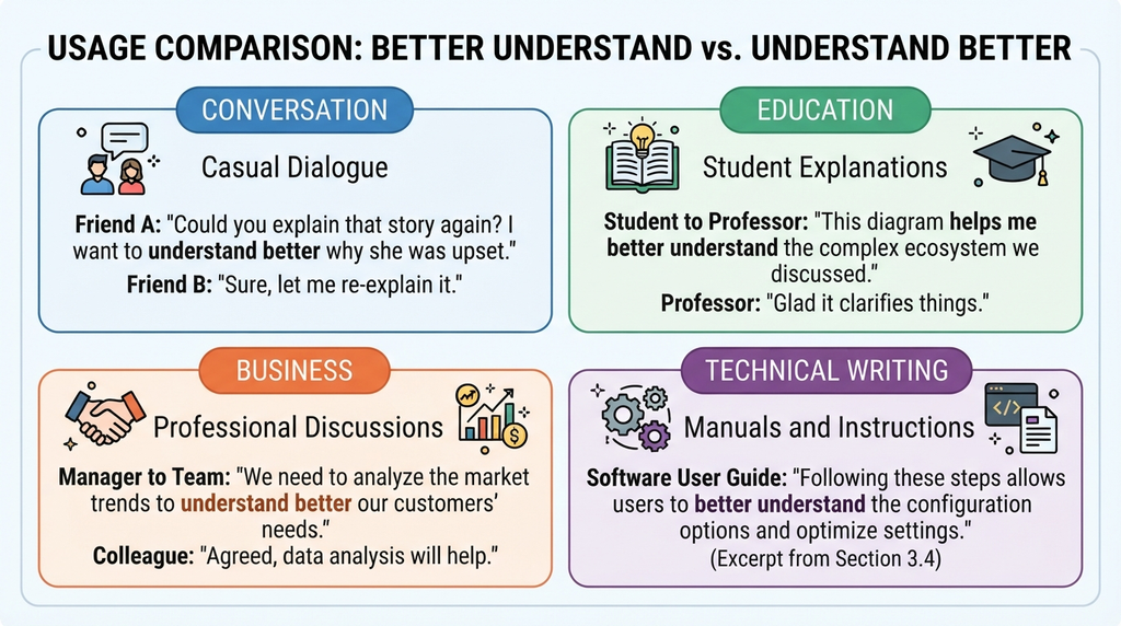 Examples of better understand and understand better used in conversation, education, business, and technical writing.