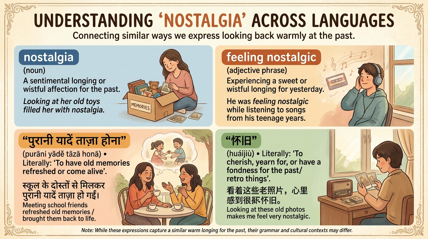 Multilingual comparison of the English words nostalgic and nostalgia with Hindi and Mandarin expressions for remembering the past.