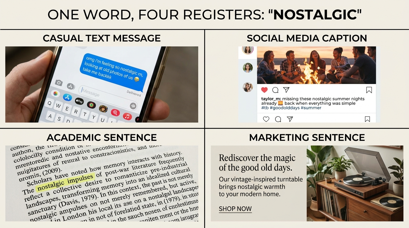 Four examples showing nostalgic used in casual conversation, a caption, academic writing, and marketing.