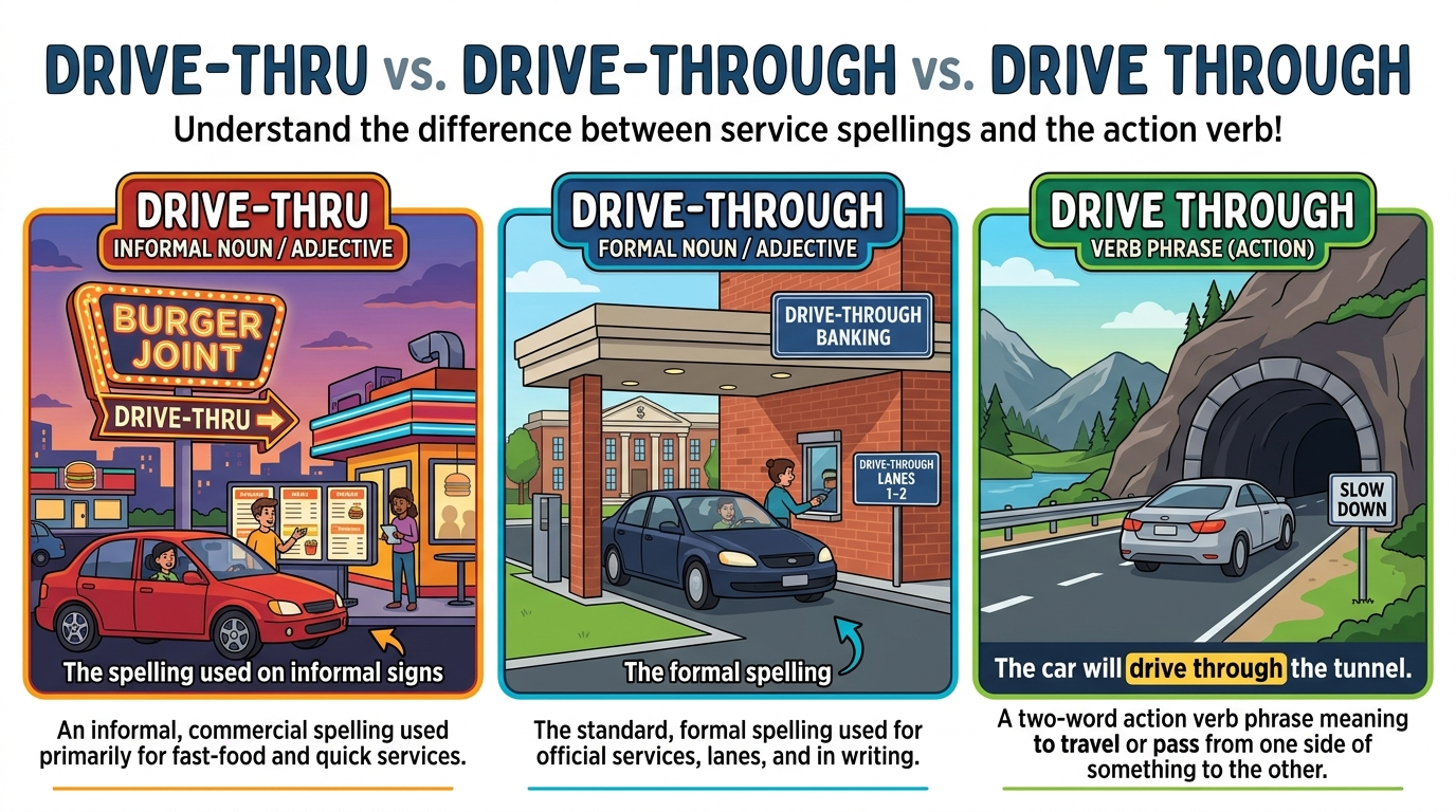 Three examples showing drive-thru and drive-through as service terms and drive through as a verb phrase.