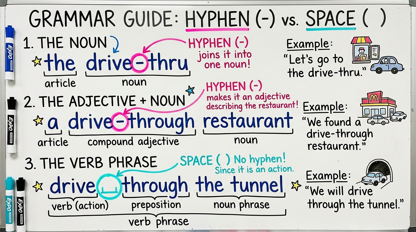 Grammar diagram comparing drive-thru as a noun, drive-through as an adjective, and drive through as a verb phrase.