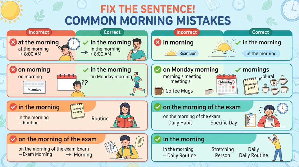 Common English morning preposition mistakes with corrected sentence examples