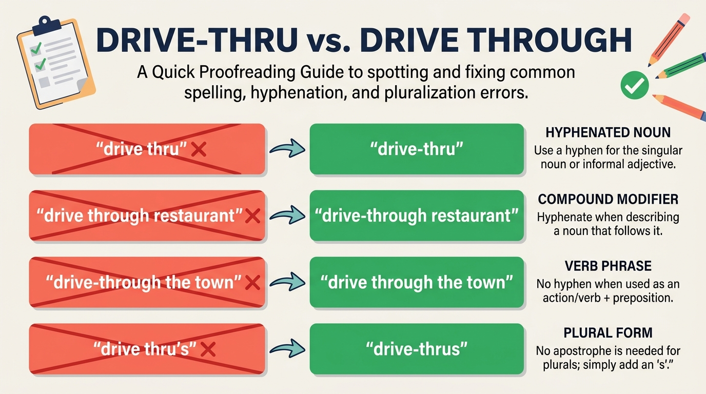 Proofreading examples correcting drive-thru spelling, hyphenation, verb phrases, and plurals.