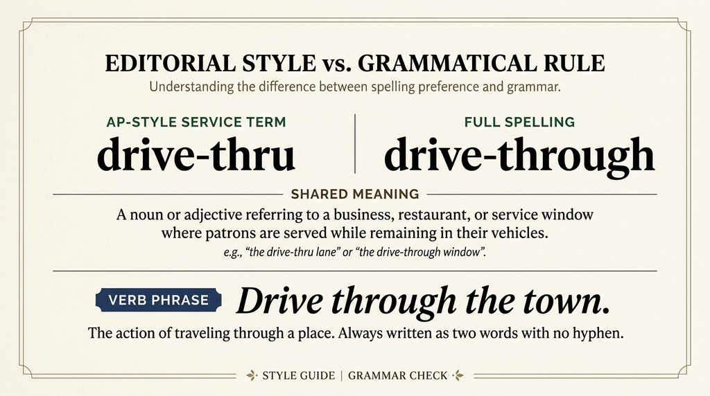 Editorial comparison of drive-thru and drive-through, with a separate example of drive through as a verb phrase.