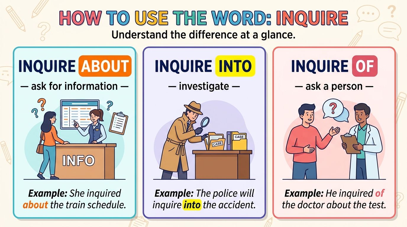 A grammar graphic comparing inquire about, inquire into, and inquire of with example sentences.