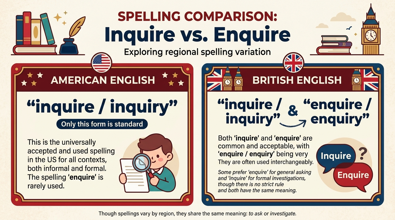 A comparison of American and British preferences for the spellings inquire, enquire, inquiry, and enquiry.