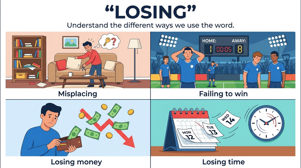 Four illustrations showing common meanings of losing, including misplaced keys, a losing team, decreasing money, and passing time.