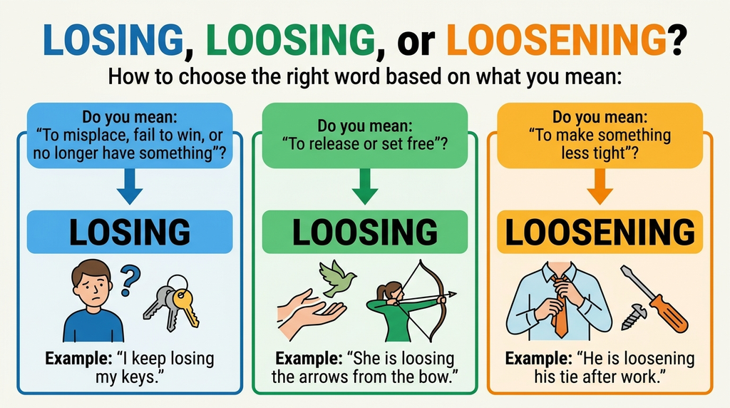 Decision diagram distinguishing losing something, loosing an arrow, and loosening a tight strap.
