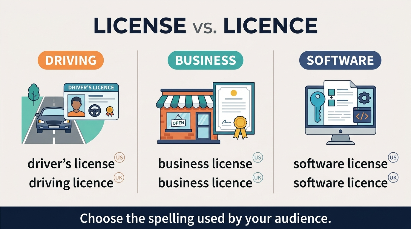 Grammar diagram identifying licence as a British English noun and license as a verb.