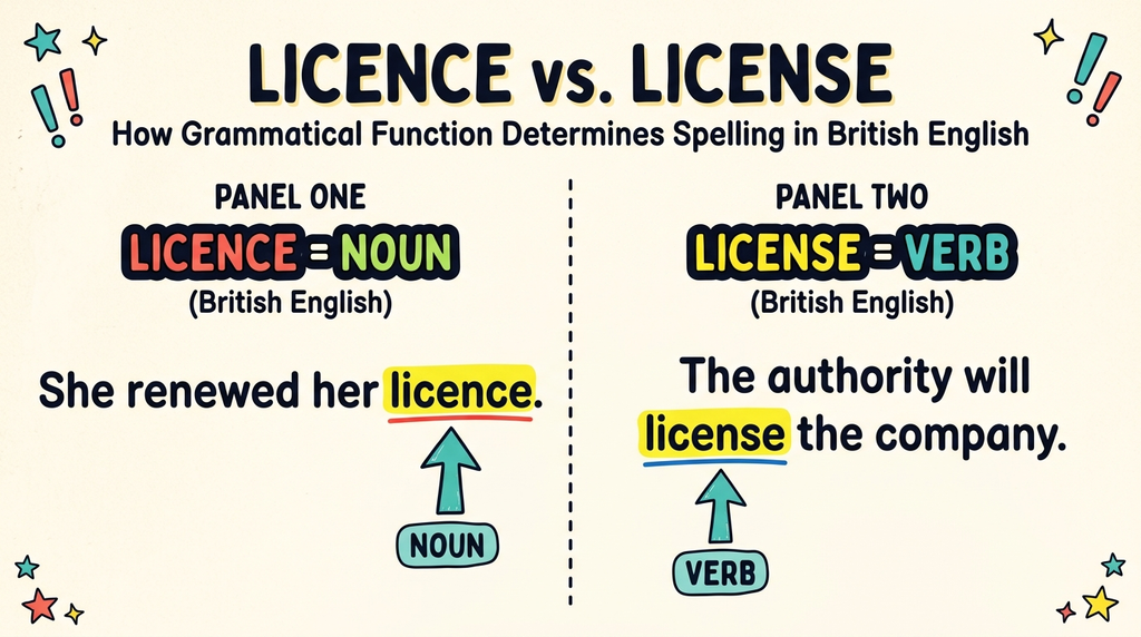 Driving, business, and software examples comparing American license with British-style licence.
