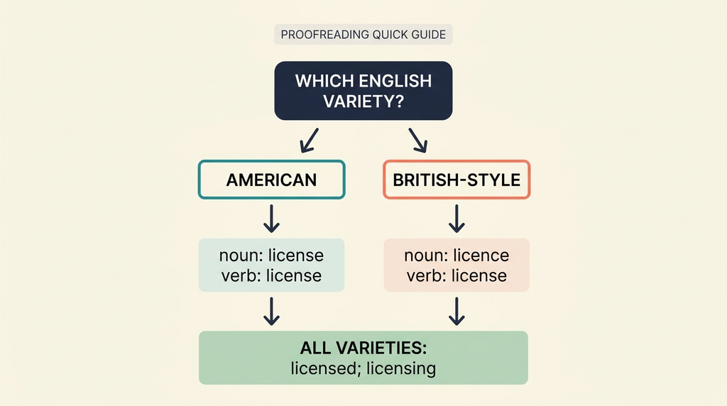 Decision flowchart for choosing license, licence, licensed, and licensing according to English variety and grammar.