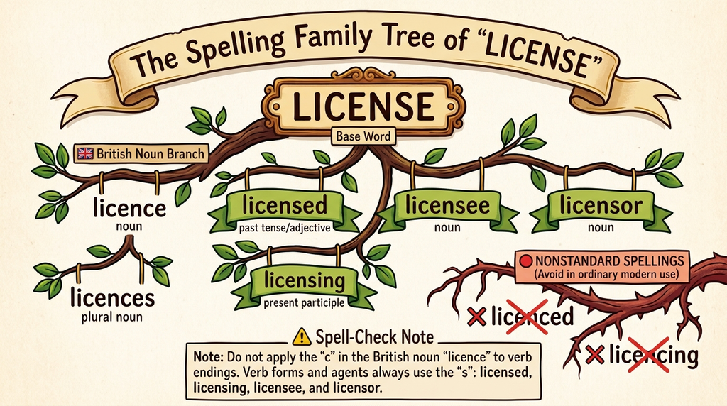 Word family diagram showing license, licensed, licensing, licensee, licensor, and the British noun forms licence and licences.
