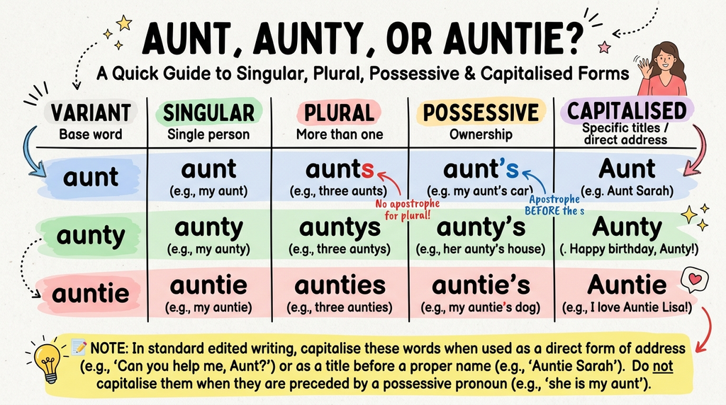 Grammar chart comparing the singular, plural, possessive, and capitalised forms of aunt, aunty, and auntie.
