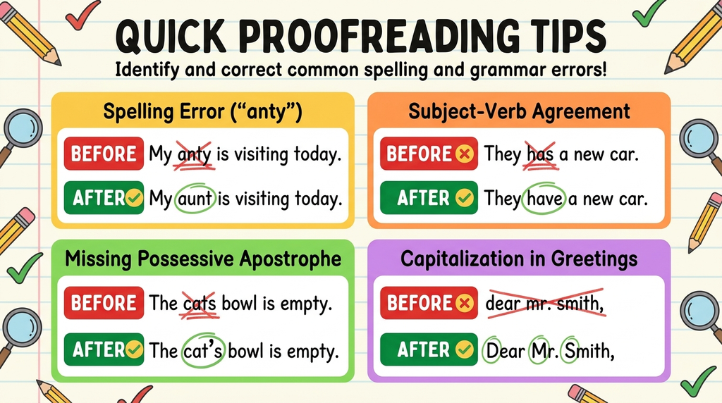 Proofreading examples correcting common errors in sentences containing aunt, aunty, and auntie.